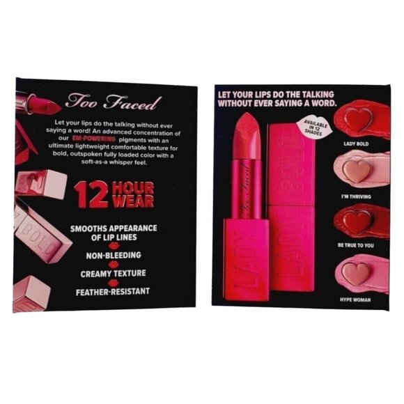 Too Faced Lady Bold Lipstick Sample 4 Shades Hype Woman Im Thriving Be True You - Picture 2 of 2